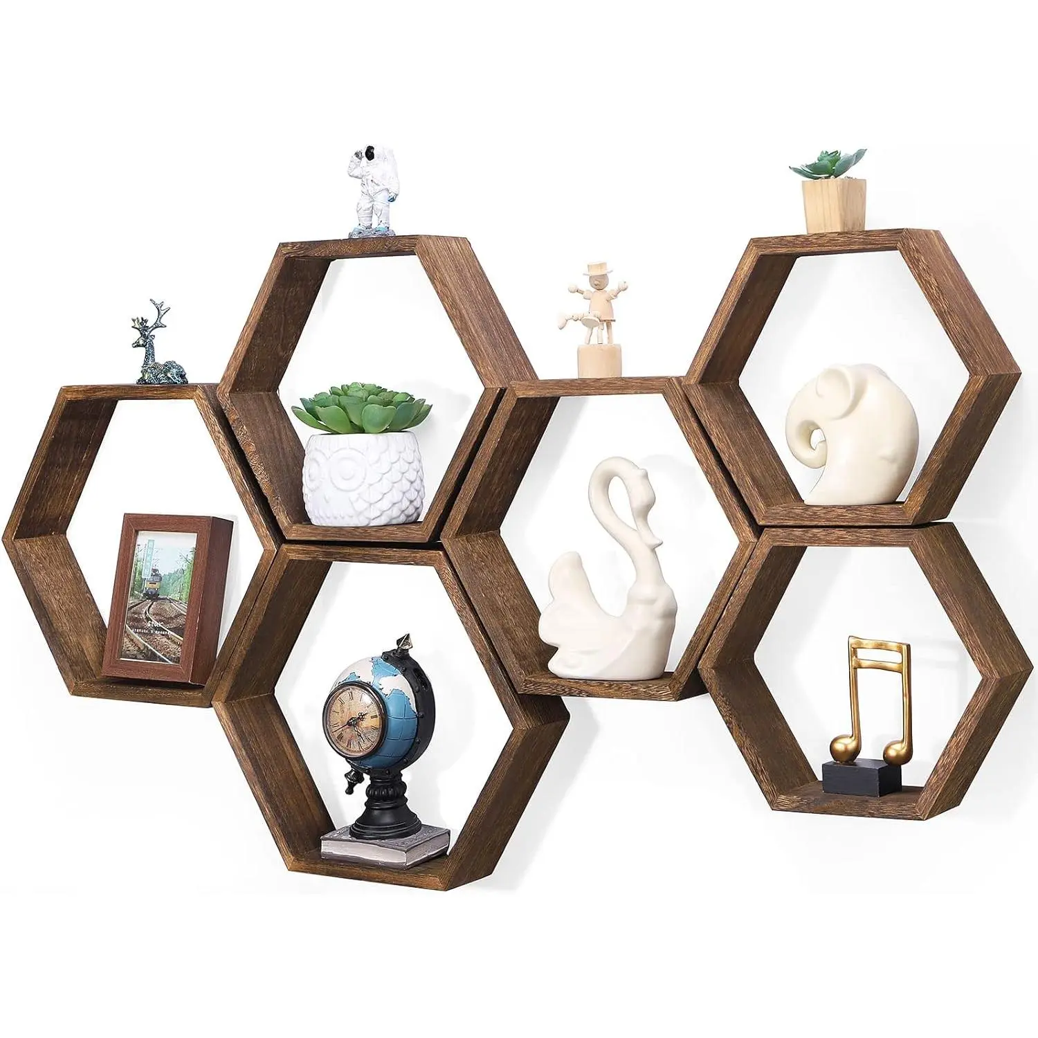 NOVIMANGO Hexagon Floating Shelves Set of 6 Honeycomb Shelves for Wall  Farmhouse Storage Home Decor Shelf Wall Mounted Wooden Hexagonal Shelves for Bedroom Living Room , Rustic Brown