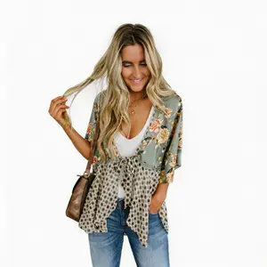 PiePieBuy Women's Top Tunic Blouse Cardigan, Lightweight Chiffon Fabric, Tie-Front Floral Boho Design, 3/4 Ruffle Sleeves, Flowy Lady Beach Cover-Up, Women's Tops, Tops For Women