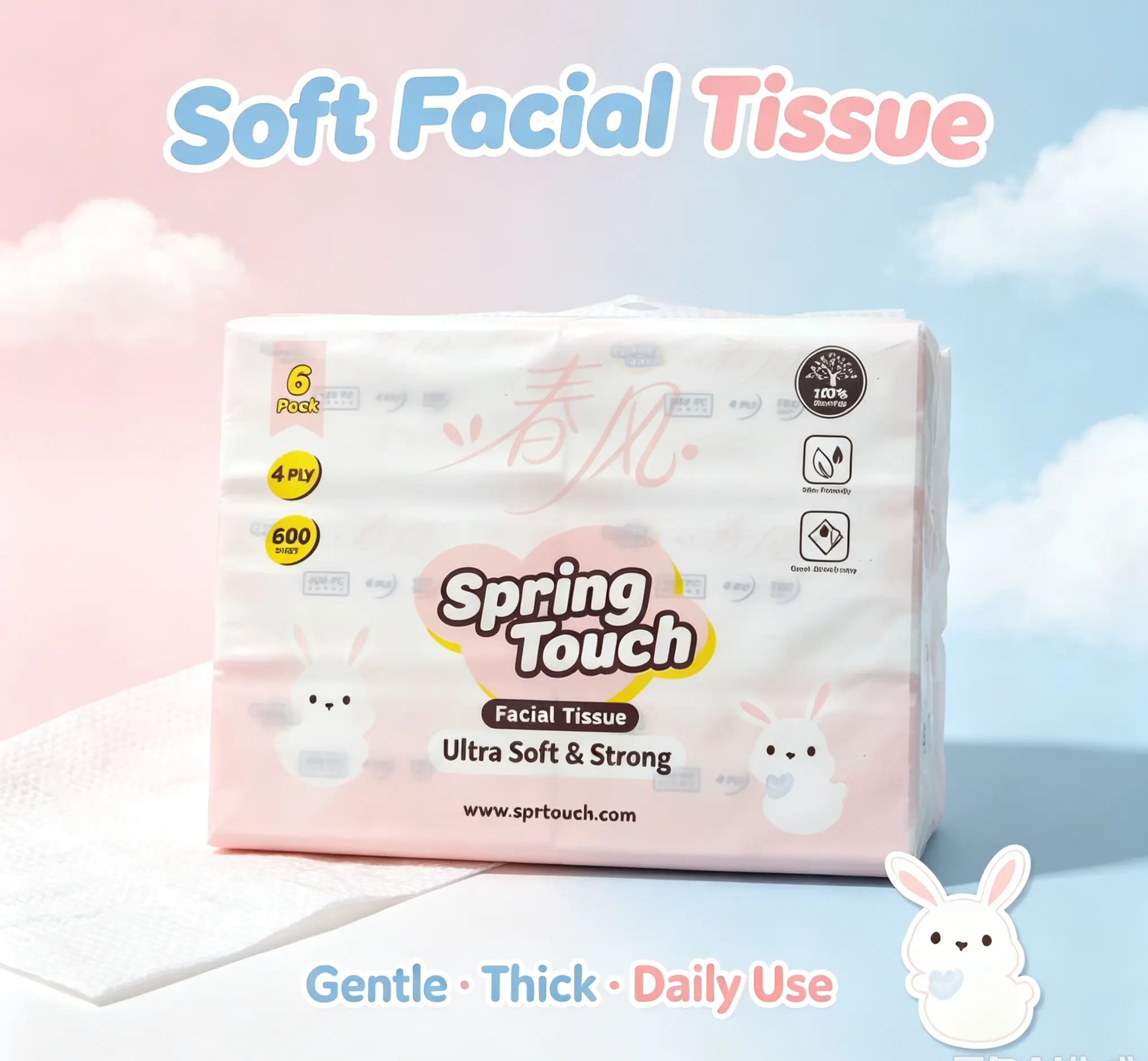 Spring Touch 4-Ply Facial Tissue, Ultra Soft Strong Disposable Face Napkins, 100% Virgin Wood Pulp, Skin-Friendly Absorbent Household Tissue Paper for Bathroom, Kitchen & Daily Home Use, Multi Pack Options
