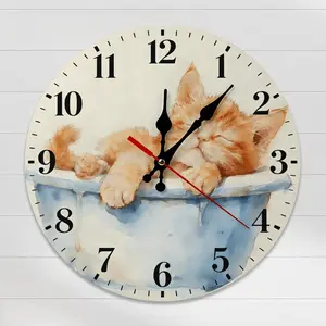 10 Inch Watercolor Cat in Bathtub Wall Clock, Silent Non-Ticking Decorative Clock for Cat Lovers Home Bathroom Living Room, DIY ASSEMBLY NEEDED