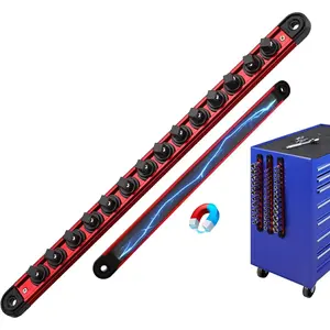 3/8-Inch Magnetic Socket Organizer Rail, Heavy Duty Aluminum Alloy Socket Holder with 14 360° Swivel Clips, Socket Storage Organizer for Tool Box Drawer, Red