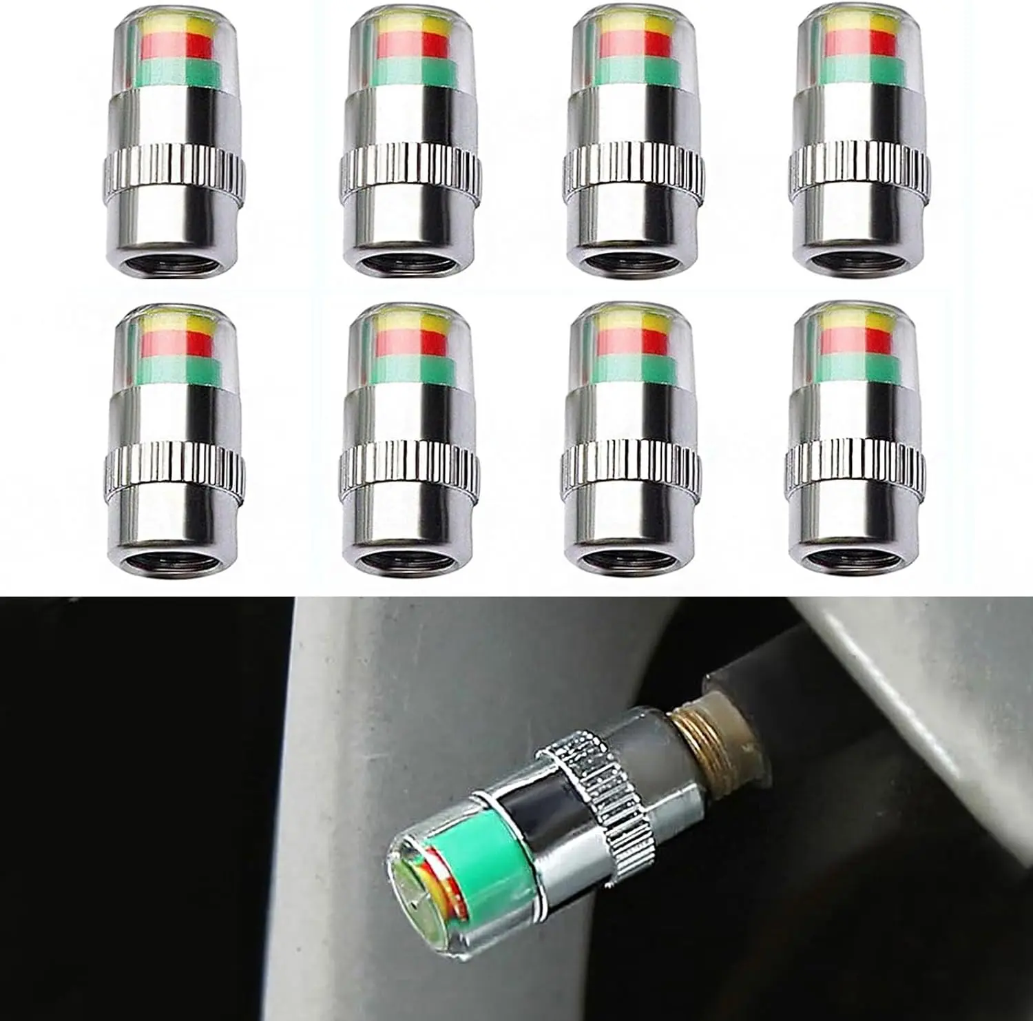 8 Pcs Chromed PC Car Tire Sensor Valve Stem Caps, 3-Color Eye Alert System (3.0 Bar Range, 42-46 PSI) for Bicycles, Enhances Safety & Control, Avoids Premature Tire Wear