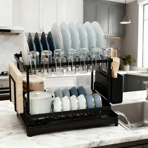 Kitchen Countertop 2-tier Dish Rack, Stainless Steel, with Drain Board, Holds Tableware, Kitchen Storage Rack dishwasher magnet narrow organizer, Installation, Compact