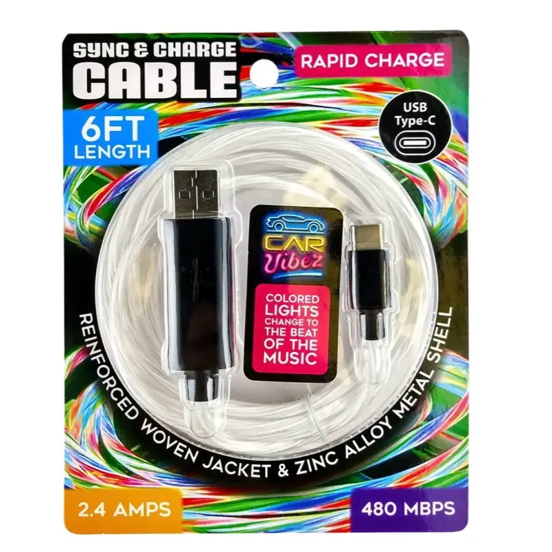 Car Vibez 6FT RGB Cable USB Type-C Rapid Charge 2.4 Amps 480 MBPS Colored Lights Sync & Charge Reinforced Woven Jacket Zinc Alloy Metal Shell