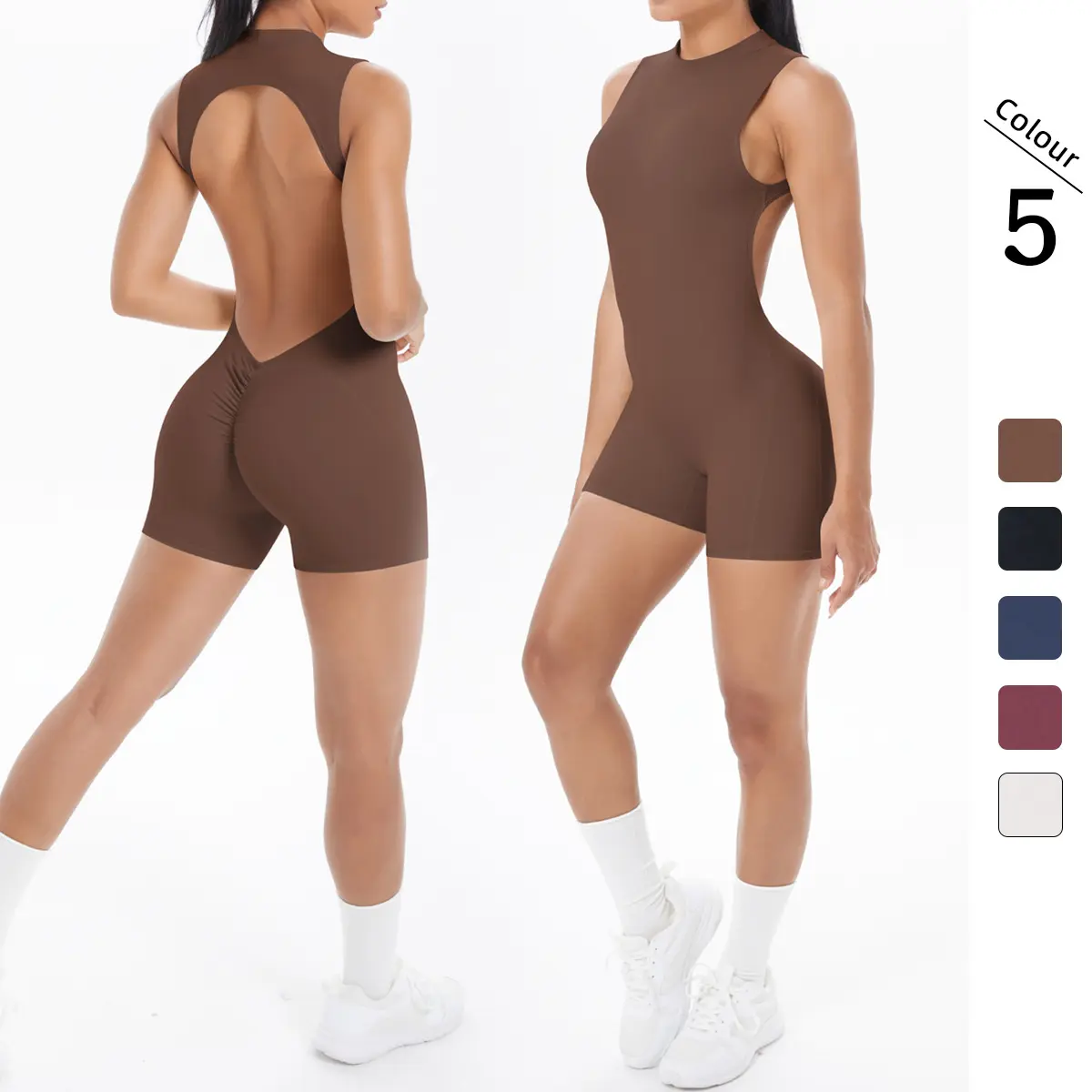 Sporty Sports Clothing Sets, New Sleeveless Backless Tank Top with Ruched Butt-Lifting Short Jumpsuit for Yoga, Fitness