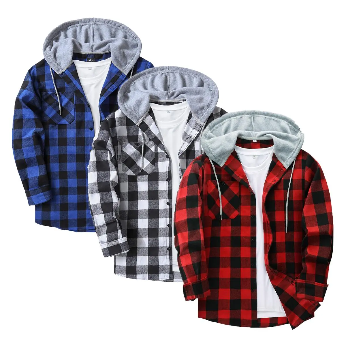ZITY 3 Pack Men's Flannel Hoodie Shirts Long Sleeve Button Down Plaid Shirt