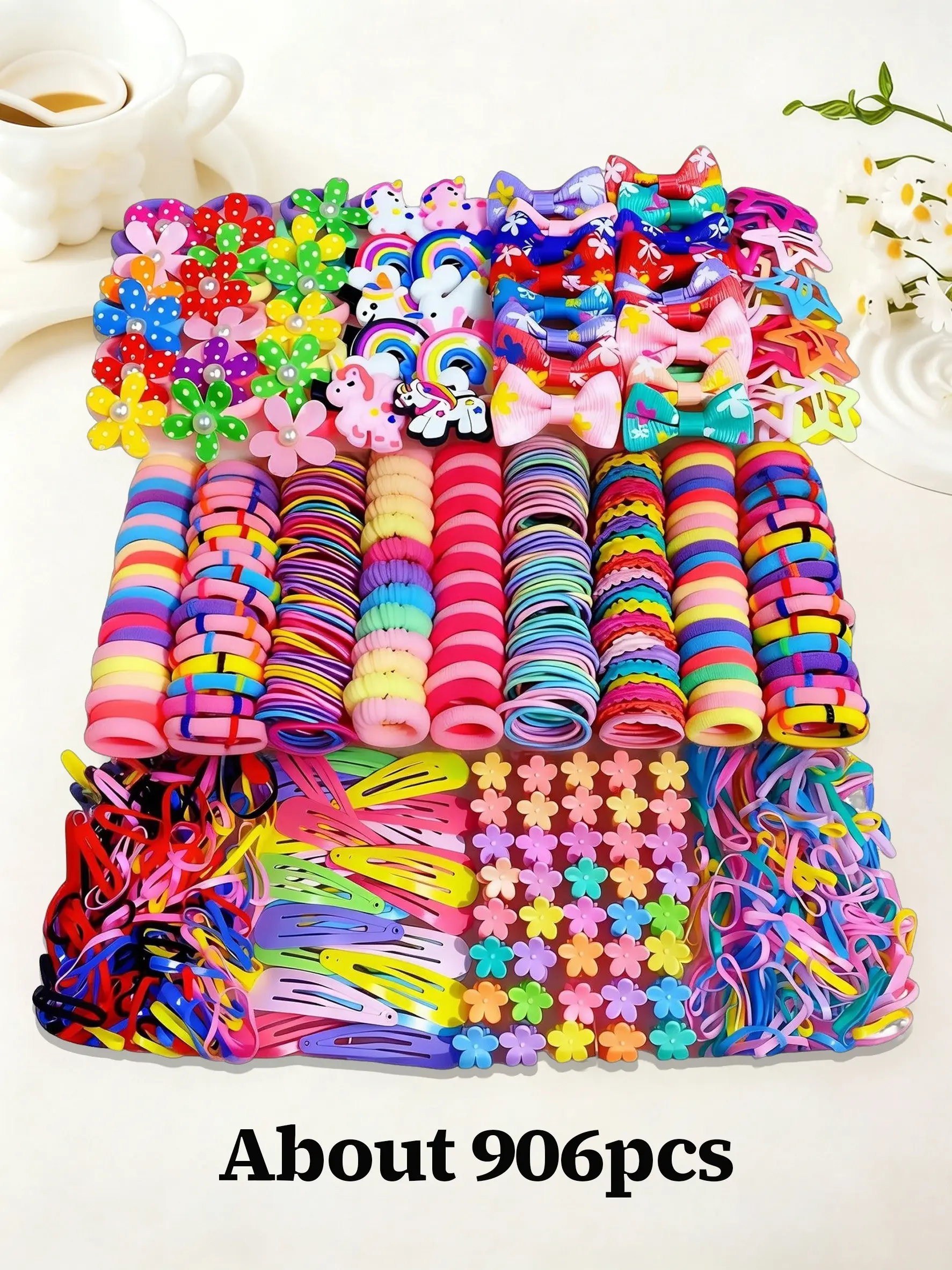 906/907pcs Colorful Cartoon Unicorn Series Girls' Hair Clips & High-Elastic Hair Ties with Storage Box, Hair Accessory Set, Ideal for Performances & Daily Wear, Kids' Gifts