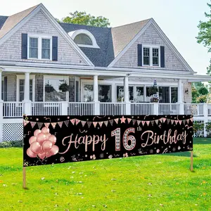 Happy 16th Birthday Banner Decorations for Girls, Rose Gold Sweet 16 Birthday Party Supplies, Funny Sixteen Birthday Yard Sign Decor for Outdoor Hanging Ornaments