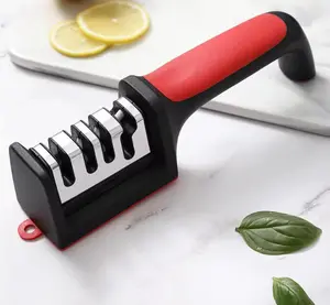 Professional Kitchen Knife Sharpener, 3-Stage Manual Sharpening System, Red and Black