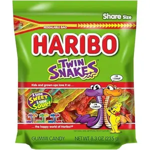 HARIBO Gummi Candy, Twin Snakes Sweet & Sour Gummy Candy, 8.3 Ounce Resealable Share Size Stand Up Bag, Soft & Chewy Snacks, Assorted Fruity Flavors