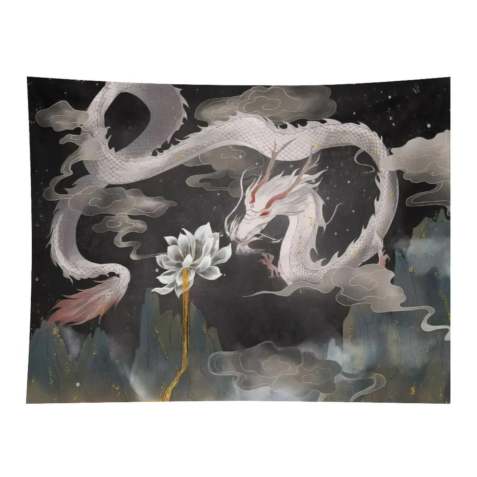 Rectangular Traditional Oriental Fantasy Wall Tapestry, Black Starry Night Sky Design, White Chinese Dragon & Lotus Pattern, Golden Ink Wash Art, for Living Room Zen Home Decor