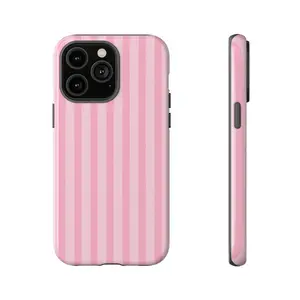 Blush Pink Striped VS-Inspired Custom TPU Rubber iPhone Case - Preppy Coquette Smartphone Accessory, Lightweight Shockproof Cover with Polycarbonate Shell, Camera Protection, Impact Resistance