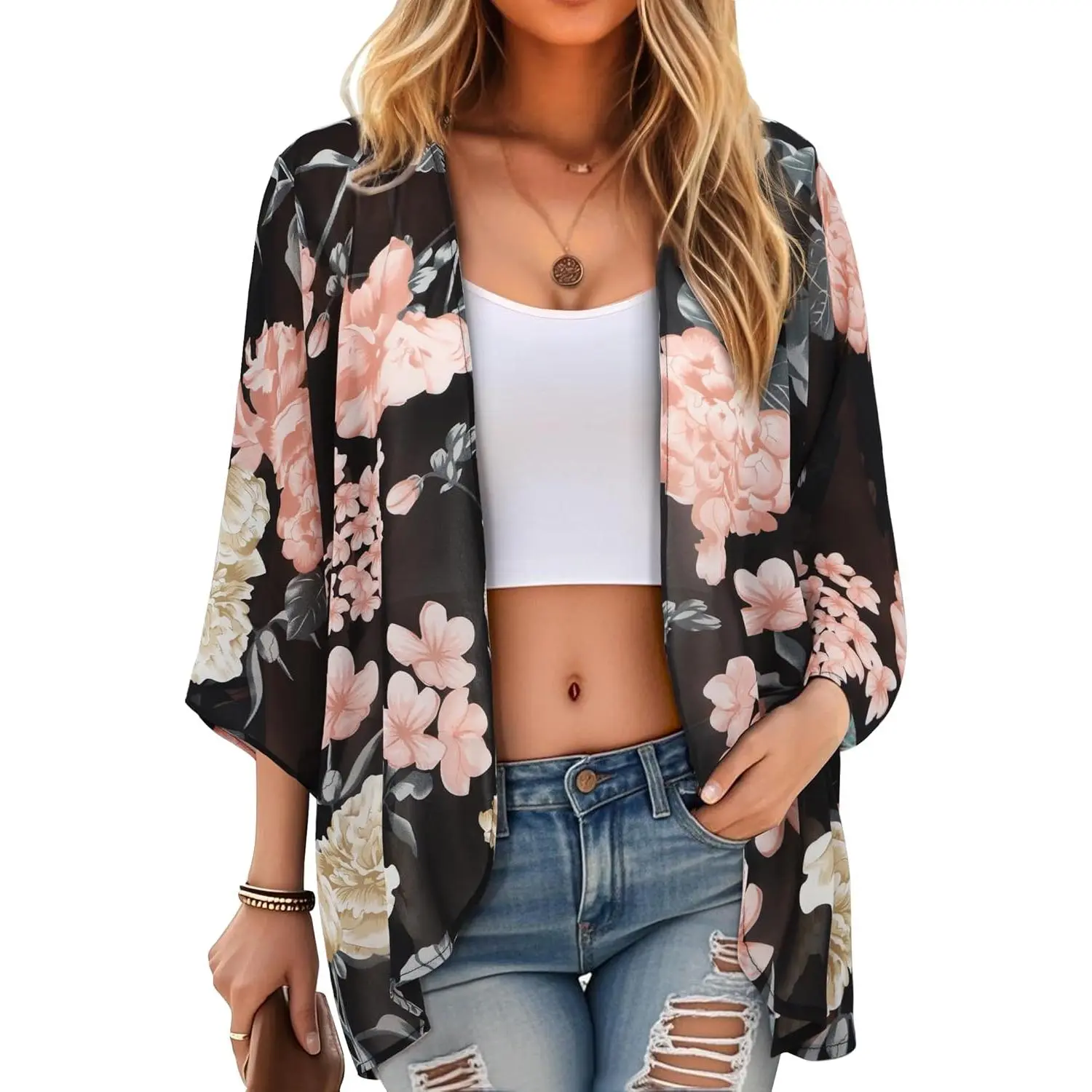 Women's Solid Chiffon Kimono Cardigan - Loose Long-Sleeve Open-Front Cover-Up for Office Workwear & Uniforms, Lady, Minimalist Office Style