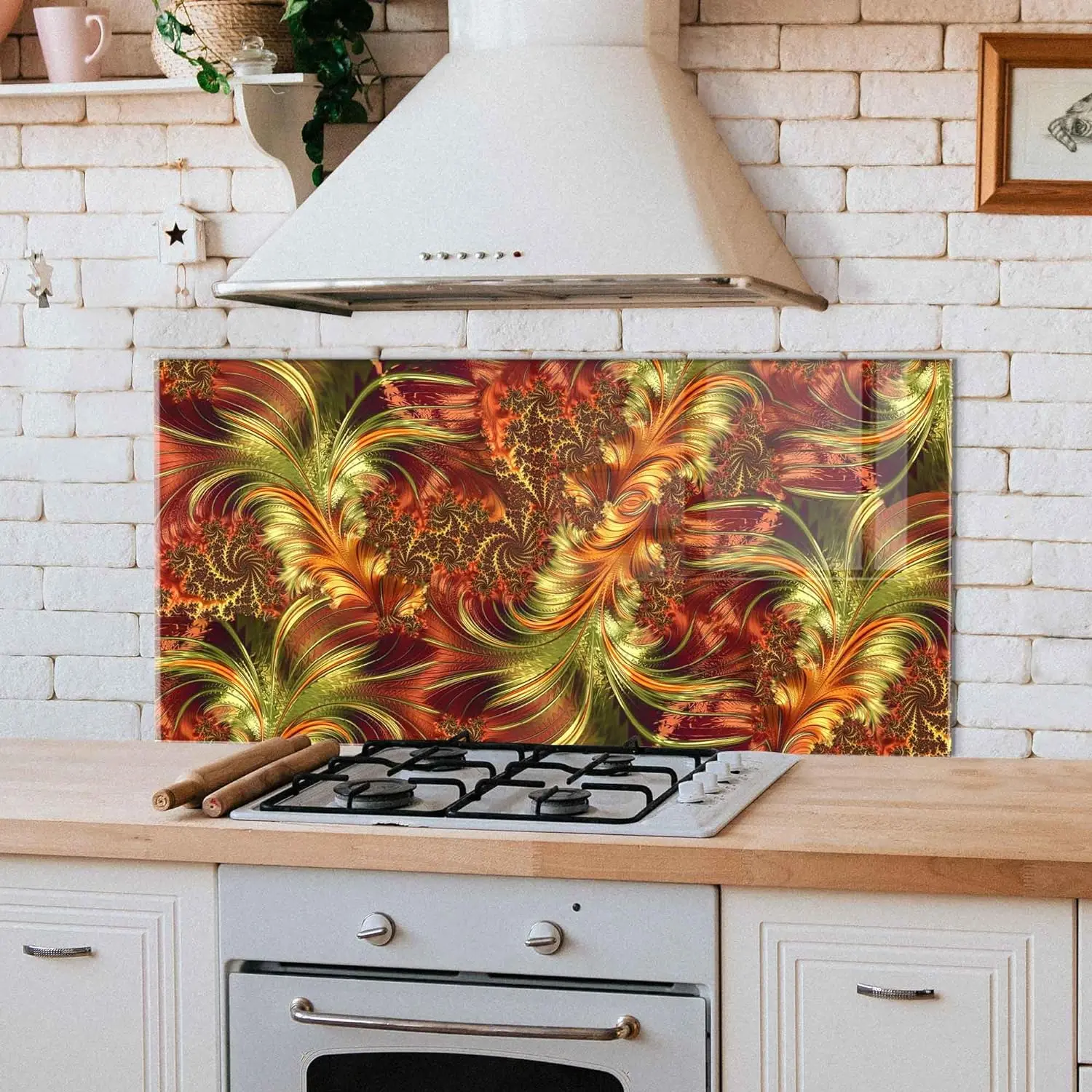 GCKG Fractals infinitely complex patterns self-similar red orange green Tempered Glass Kitchen Backsplash, Stove Back Cover, Stove Splashback, Cutting Board, Kitchen Wall Decor