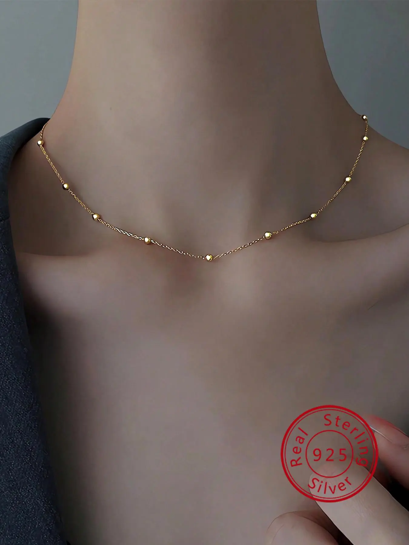 925 Sterling Silver Elegant Beaded Decor Chain Necklace for Women, Fashion Jewelry for Party, Daily Clothing Decor, Trendy & Exquisite Jewelry for Gift
