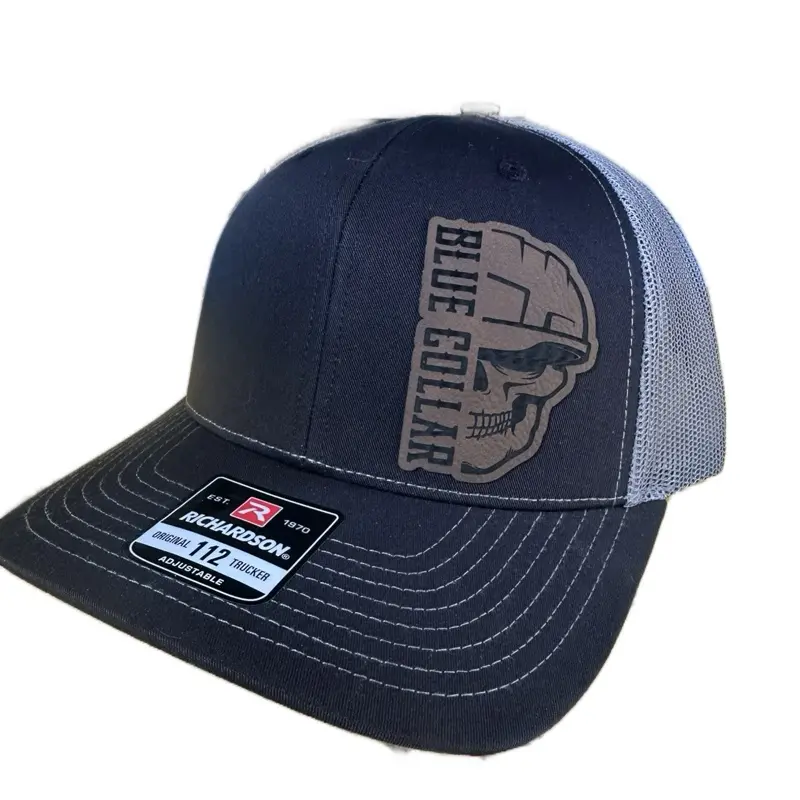 Blue Collar Trucker & Flexfit Hat - Gray with Skull Logo, Adjustable Fit, 120° Brim, Classic Design Snapback Cap Premium Headwear