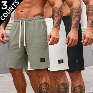 Men’s waffle-knit casual , 3-pack, solid color polyester, side pockets, breathable and comfortable, suitable for everyday summer wear and vacations run sport work  loose fit lightweight men drawstring waist  pieces et boy beach short quick-dry basic
