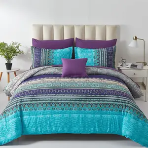 Boho Comforter Set Queen Size 8 Piece Bed in a Bag Bohemian Striped Bedding Quilt Set Aqua Paisley Floral Comforter and Sheet Set Soft Microfiber Complete Bedding Sets for All Season
