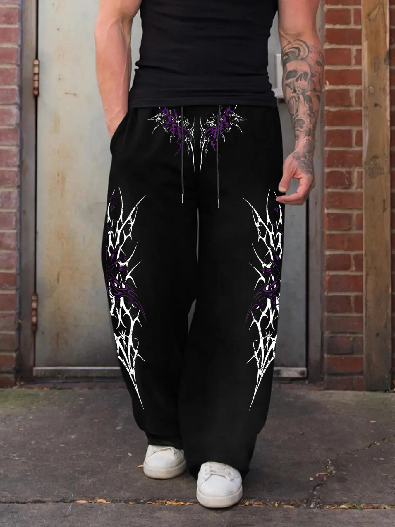 Men's Casual Sporty Long Pants, Casual Athletic Pants, Athleisure Style Bottoms, Casual Sports Bottoms, Geometric Pattern Print, Drawstring Wide Leg, Loose-Fitting, All Seasons Wear, Men's Fashion Pants