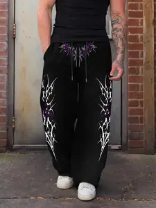 Men's Casual Sporty Long Pants, Casual Athletic Pants, Athleisure Style Bottoms, Casual Sports Bottoms, Geometric Pattern Print, Drawstring Wide Leg, Loose-Fitting, All Seasons Wear, Men's Fashion Pants