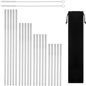 Stainless Steel Drinking Straws, 20 count 4 Size - 6.3'' 7.1'' 8.5'' 10.5'', Long Short Smoothie Drinking Straight Straws With 2 Brushes and Carry bag, Fit for 20/30 oz Tumblers