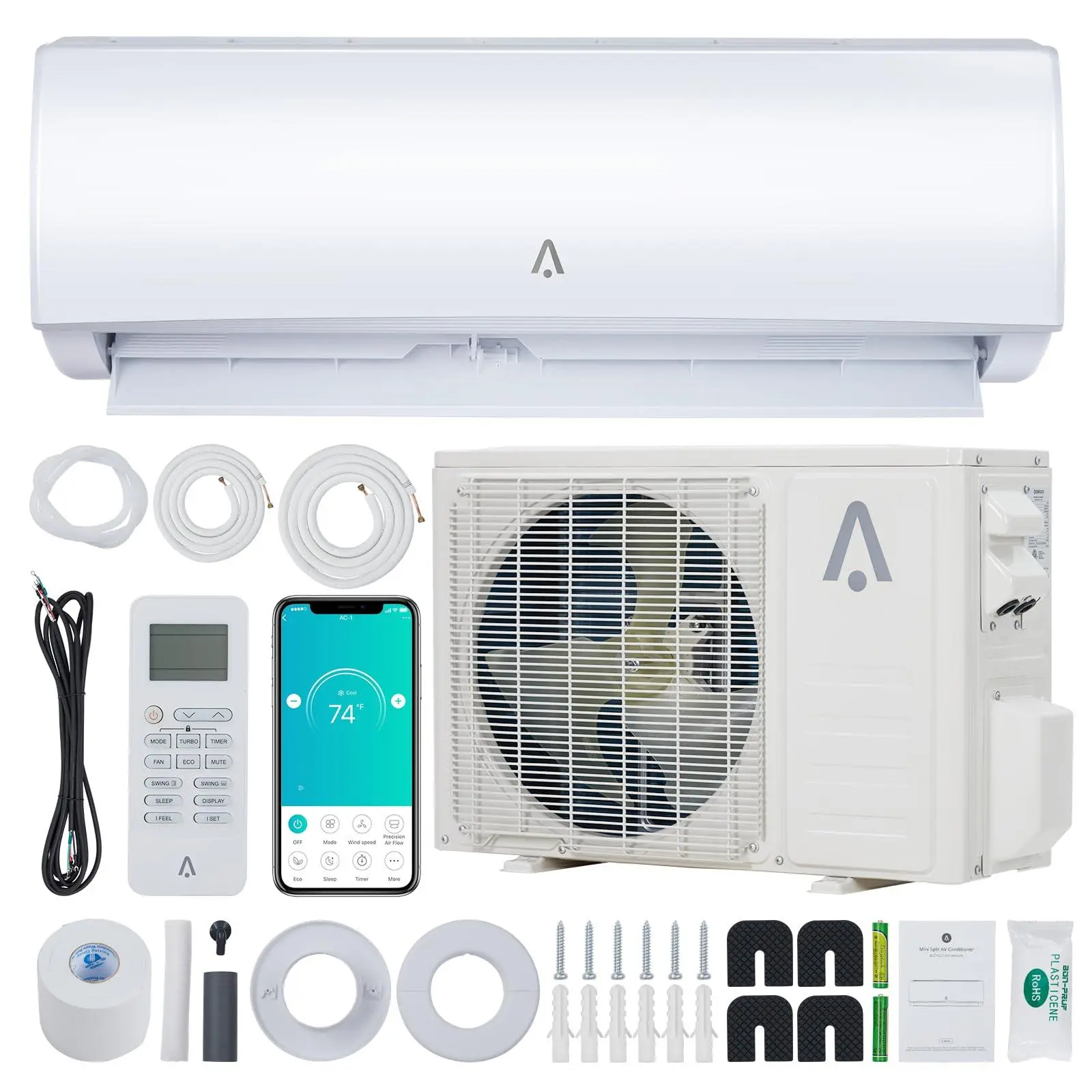 GAOMON 9,000 Btus Mini Split AC, 19 SEER2 Wall Mounted AC with Heat Pump & Installation Kits, Ductless Inverter Split-System Air Conditioners Cools up to 450 Sq.Ft, WIFI and Remote Control, 115V