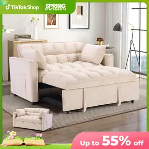 3 in 1 Convertible Sleeper Sofa Bed - Velvet Futon Loveseat with Pull Out Bed, Side Pockets & Pillows