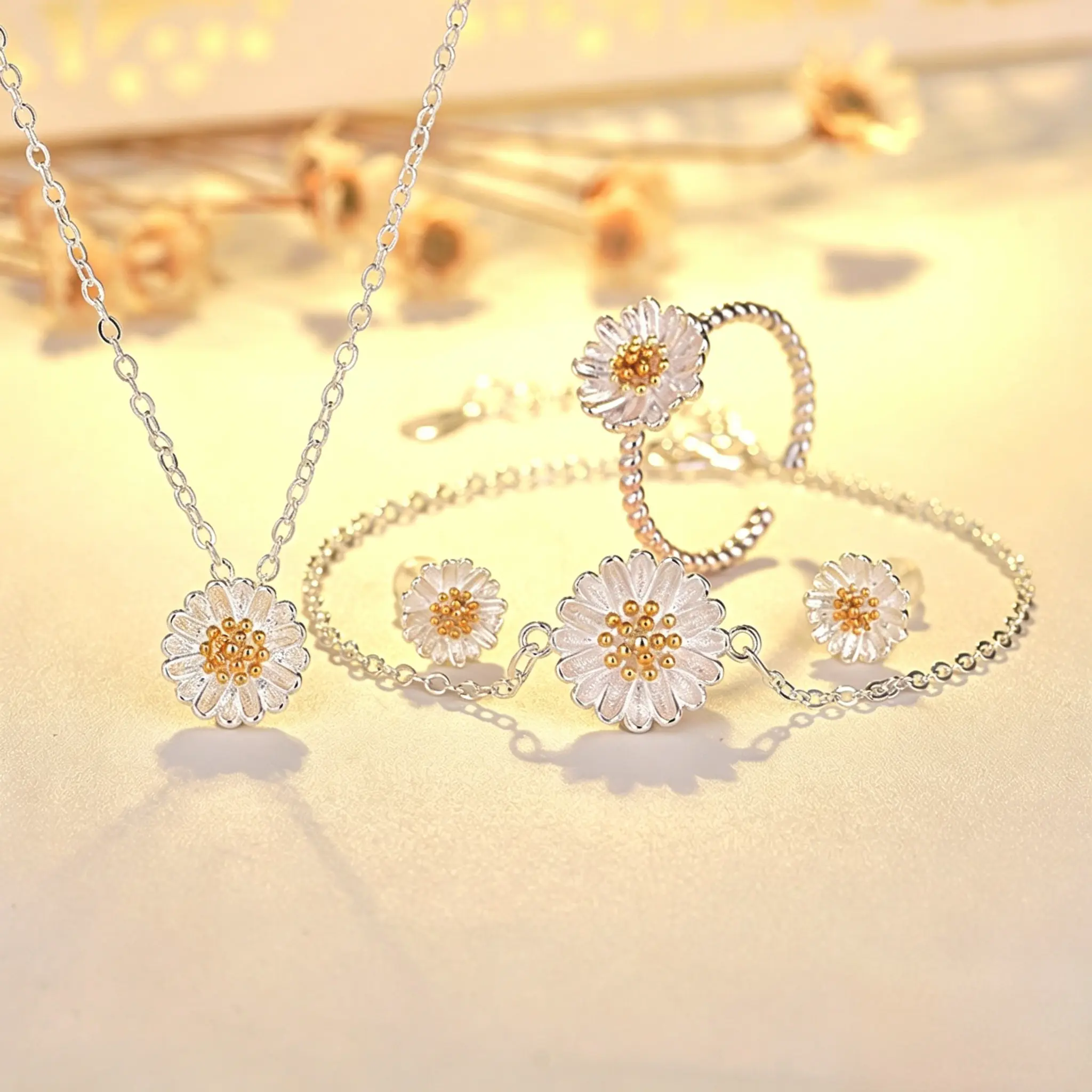 Dainty 4 Pieces Daisy Jewelry Set – Silver Two Tone Floral Necklace Earrings Bracelet Ring Kit, Hypoallergenic Funky Unique Accessories for Everyday & Holiday Gifts