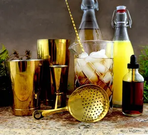 Gold-Plated Craft Bartending Bar Set with "Shaken or Stirred" Theme, Including Round Glass Tool, Bottle Opener, Cocktail Shaker and Tin