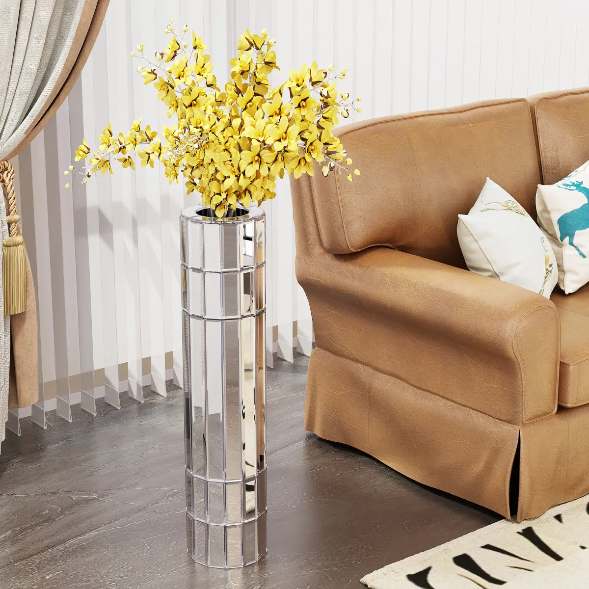 [Bellemave] Tall Floor Vase Mirrored Silver Round Vase for Home Decor Mirrored Glass Decorative Modern Vase Ideal for Living Rooms, Offices, and Centerpiece Displays