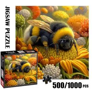 1pc 1000 piece adult puzzle 58x58cm Bumblebee on Colorful Flowers 500 pieces of paper puzzle, suitable for adults and families, large-scale DIY puzzle interactive toy games, birthday holiday stress