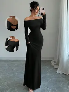 Elegant Women's Long Sleeve Knit Double Layered Dress with Waist Belt, Layered Shoulder Cutout, Backless Hollow Out Fish Tail Hem