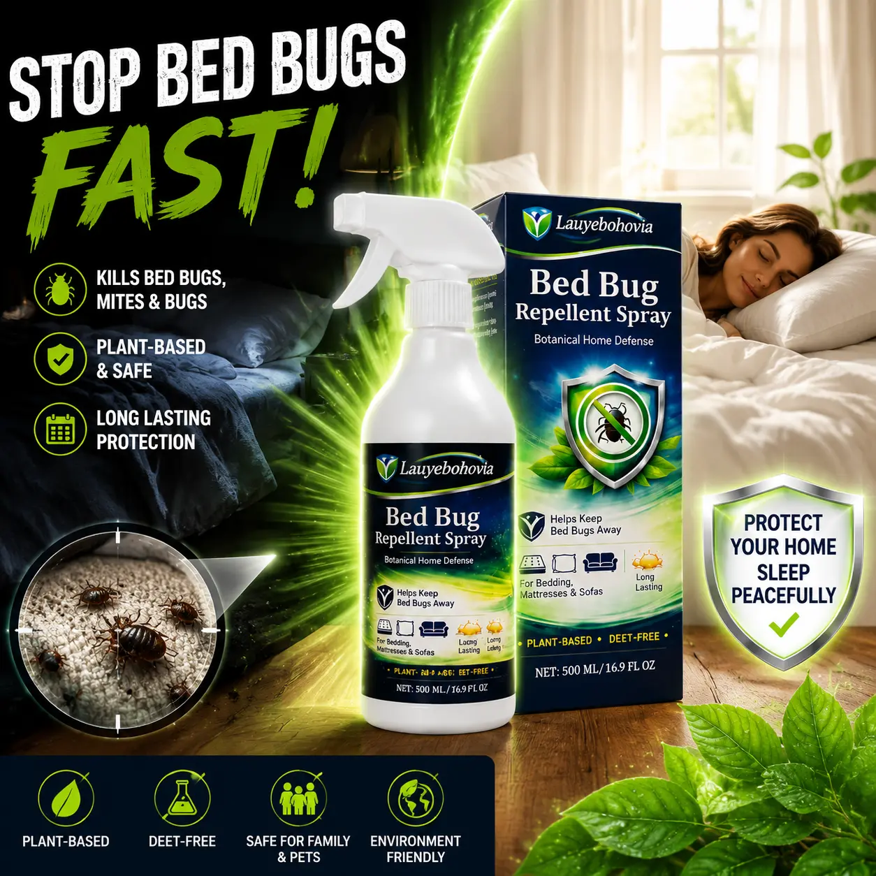 Dust Mite Killer Spray Bottle - 16.9 fl oz Botanical, Deet-Free Home Pest Control, Pet Safe Fabric Sanitizer, Mattress Disinfectant for Bedding, Bed Bugs, Fleas, Plant-Based