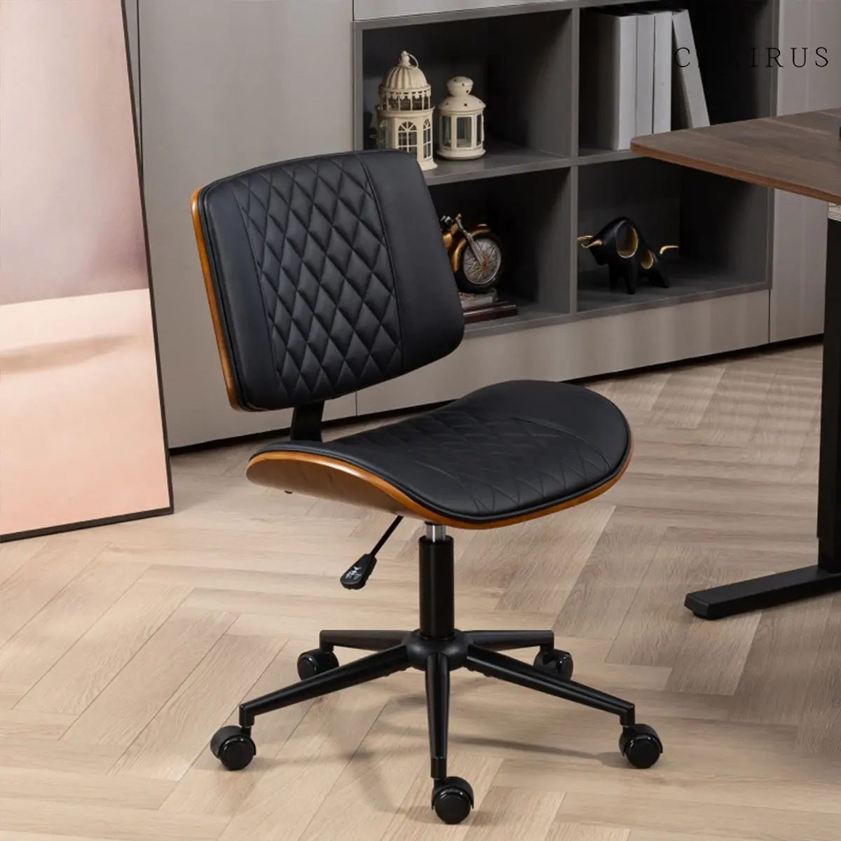 CHAIRUS Armless PU Leather Home Office Desk Chair - 360° Swivel, Height-Adjustable, Quilted Seat, Rolling Wheels, Black Chair for Desk (Reading Use)