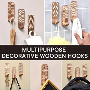 Bohemian Style 3pcs Wooden Wall Hooks - Easy to Install Without Damaging Walls, Strong Adhesive That Leaves No Trace, Perfect for Bathroom And Home Decor, Convenient Rack for Coats, Hats, And Towels, Utility Hooks
