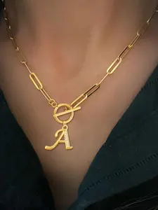 1Pcs Pave Zirconia Initial Toggle Clasps Pendant Women's Necklace, Exquisite Chain Jewelry, Classic Stainless Steel Paper Clip Chain, Casual All-Season Jewelry Accessory