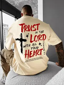 Men's Cross & Letter Print Round Neck Graphic Tee, Regular Fit Casual Street Fashion Short Sleeve T-shirt for Summer, Men's Top for Daily Wear, Casual Streetwear Style