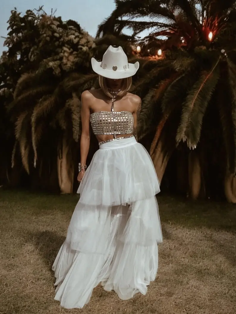 White Tulle Skirt Women Bridal Tutu Western Maxi Skirt Bachelorette Party Outfit Bottoms Womenswear