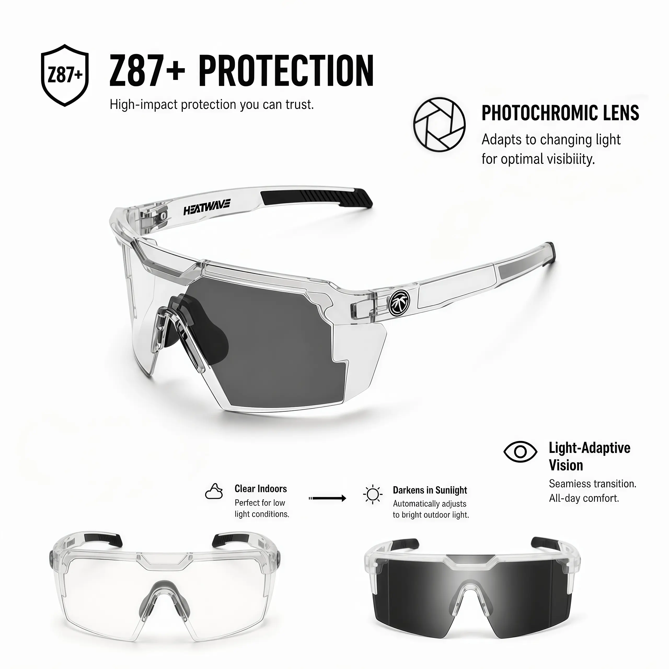 Premium Luxury Square-Frame Photochromic Sunglasses - Unisex UV400 Cycling Gear Sports Glasses, Men's Sunglasses, Glasses for Women, Z87+ Safety Certified, Dark Gray in Sunlight, Accessories Adults