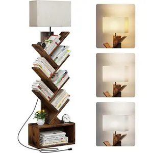 6 Tier Tree Bookshelf with Light, Narrow Bookcase Tower, Tall Floor Standing Book Organizer with Storage Cabinet for Living Room, Bedroom and Home Office, Rustic Brown
