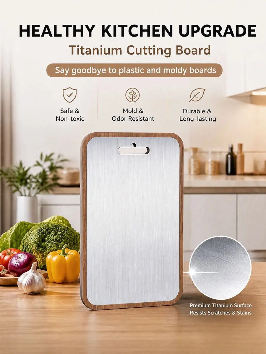 Premium Titanium Cutting Board with Wood Base – Anti-Bacterial, No-Odor Food Prep Surface, Non-Slip Heavy Chopping Block