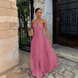 Solid Color Strapless Pleated Sleeveless Dress Summer Elegant Summer Outfit