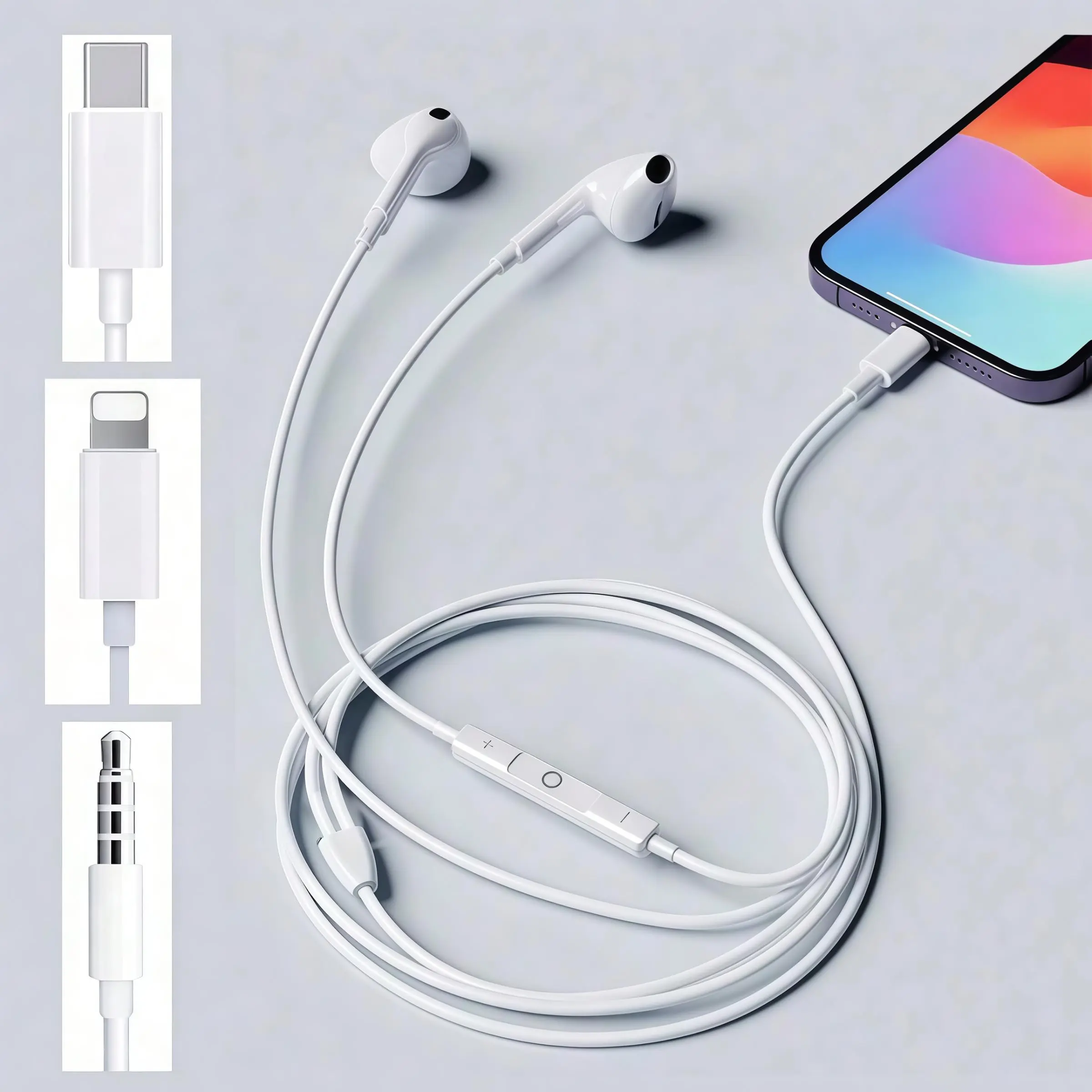 1PC Wired In-Ear Headphones with Mic & Volume Control, Optional Flat Port / Type-C / 3.5mm for Daily Use