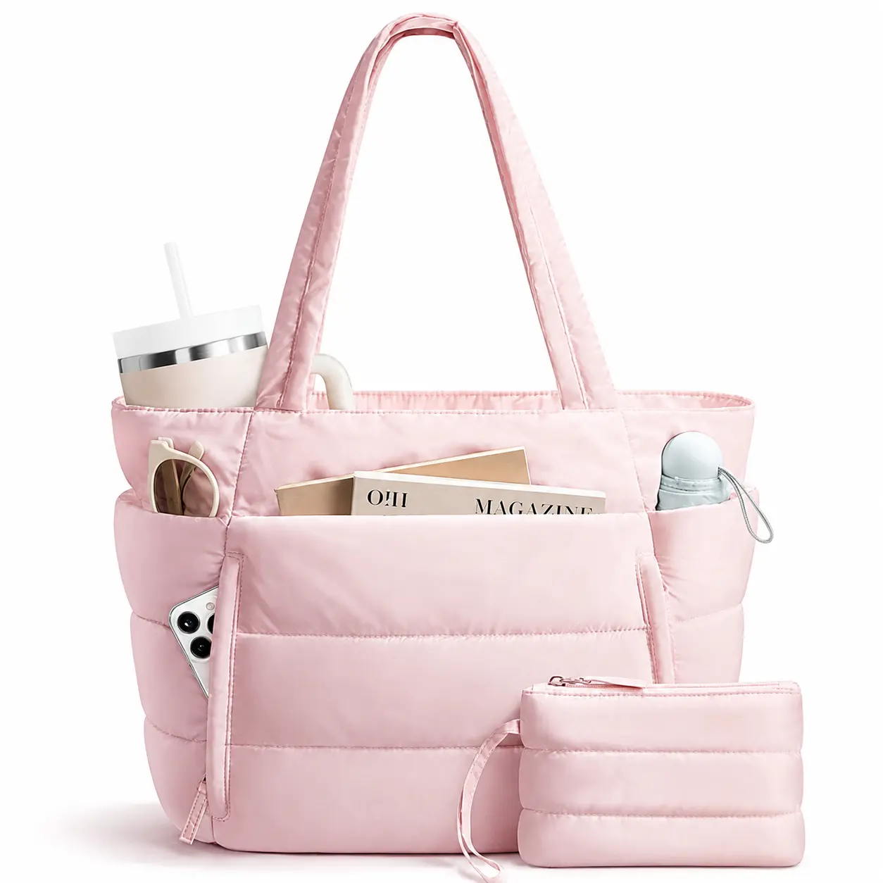Cute Quilted Puffer Tote Bag for Women, Lightweight Large Capacity Laptop Shoulder Handbag with Multiple Compartments, Multi Pocket Work Bag for Travel School Office Daily Commuting, Casual Fashion Tote Bag with Small Pouch, Gifts for Women