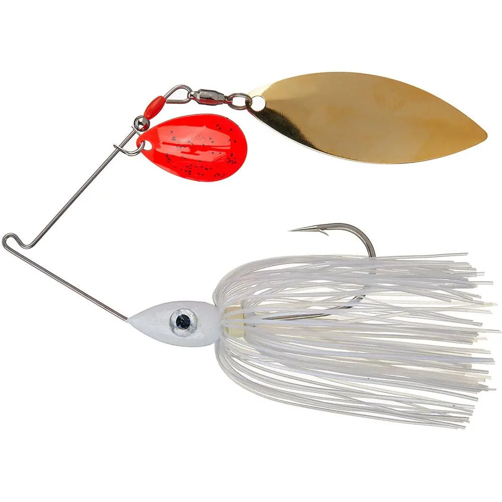Tandem Spinnerbait Lure, 1/2 oz, with Flashy Gold Willow & Bright Red/Orange Kicker Colorado Blade, 100% Silicone Skirting - Gift for Fisherman, Flashy Main Willow Blade, High Density Lead Head, Large Fish