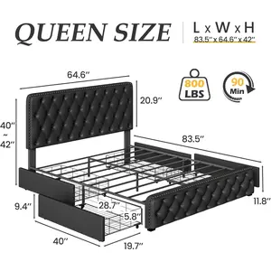 Lifezone Queen Bed Frame with Headboard Faux Leather Upholstered Metal Queen Bed Frame with 4 Storage Drawers, Adjustable Headboard/All-Metal Support/No Box Spring Needed/Easy Assembly, Black