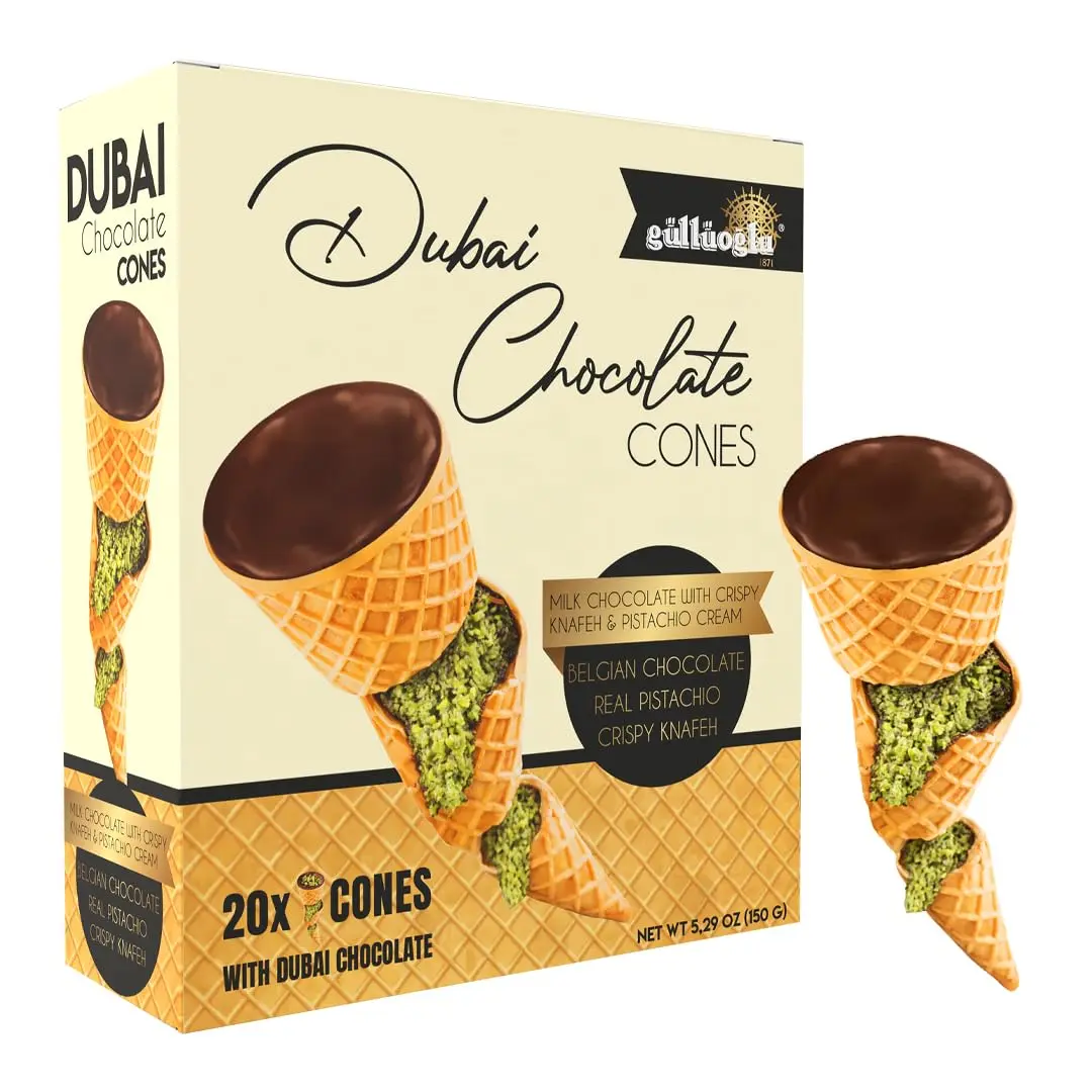Dubai Chocolate Cones with Pistachio Kunafa Made with Premium Belgian Chocolates | Vacuum-Sealed Pack | 20 Count | Kunafa Chocolate | Chocolates de Dubai - 5.3 oz