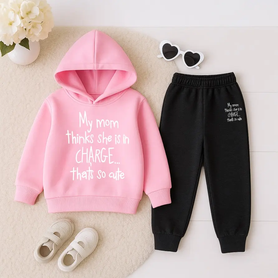 Girls' 2-Piece Thick Fabric Casual Matched Set - Fluffy Fleece-Lined Hooded Long-Sleeve Sweatshirts & Tapered Fit Sweatpants with Graphic Print, for Winter Indoor-Outdoor Play, Kids Clothing with Matched Set Ease