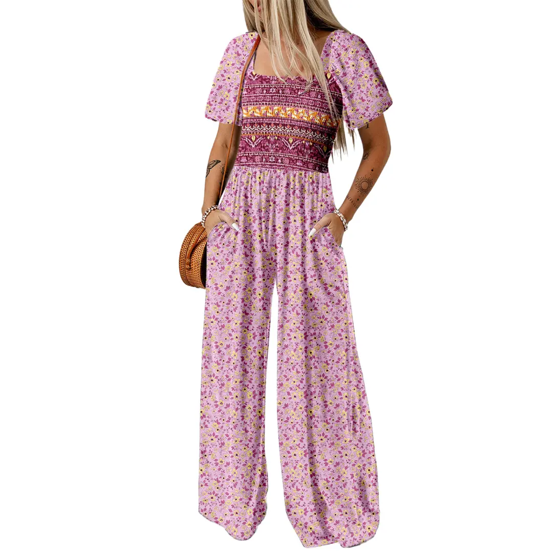Dokotoo Square Neckline Stretch Waistband Printed Jumpsuit - Womenswear Casual Chic Comfortable Summer Boho Dokotoo Square Neckline Stretch Waistband Printed Jumpsuit - Womenswear Casual Chic Comfortable Summer Boho