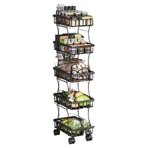 5 Tier Fruit Vegetable Basket for Kitchen, Fruit Vegetable Storage Cart, Vegetable Basket Bins, Wire Storage Basket Organizer Utility Cart with Wheels, Medium, Black Metal Racks